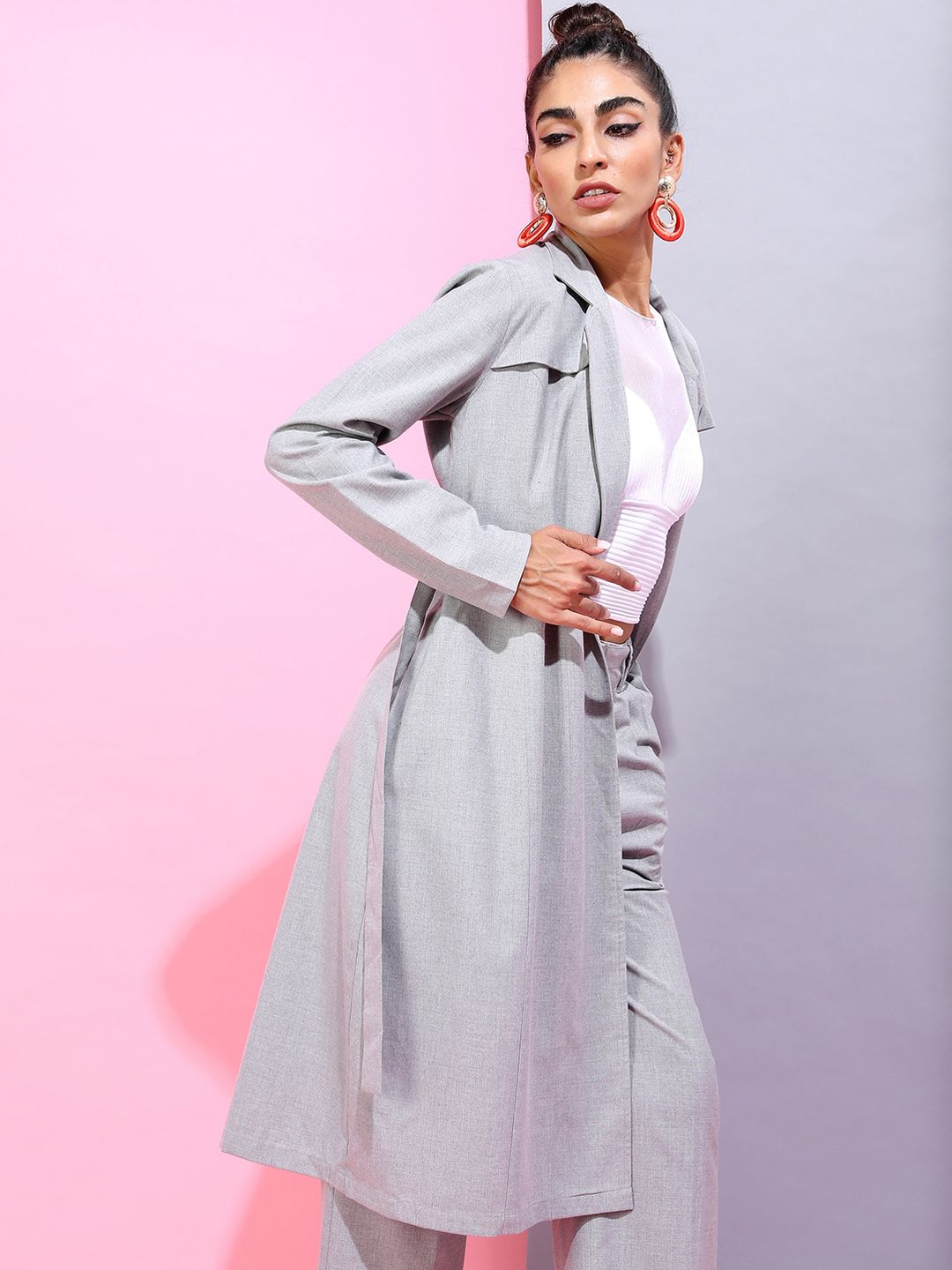 Tokyo Talkies Women Grey Solid Longline Trench Coat