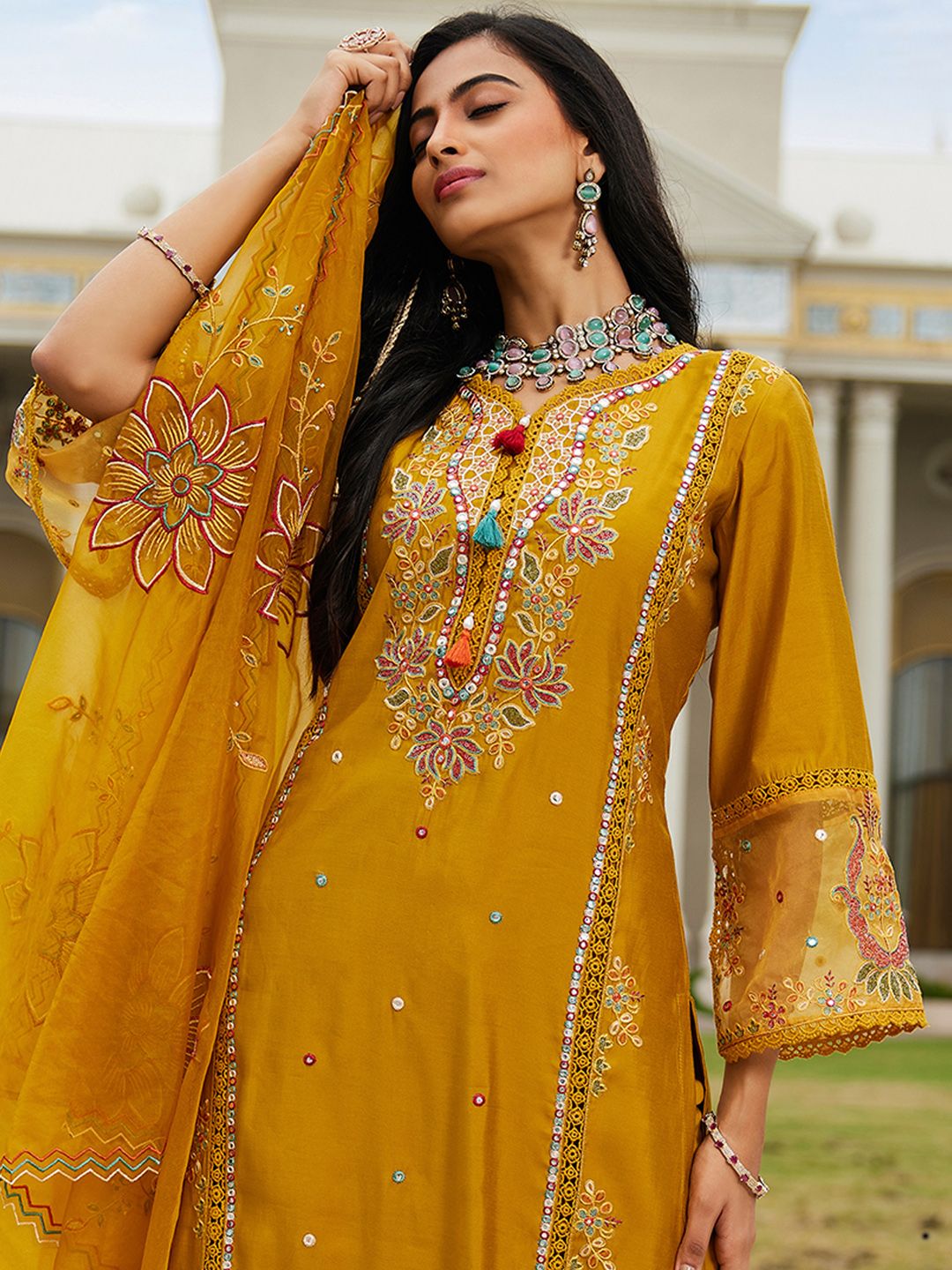 Indo Era Women Ethnic Motifs Embroidered Regular Mirror Work Kurta with Trousers & With Dupatta