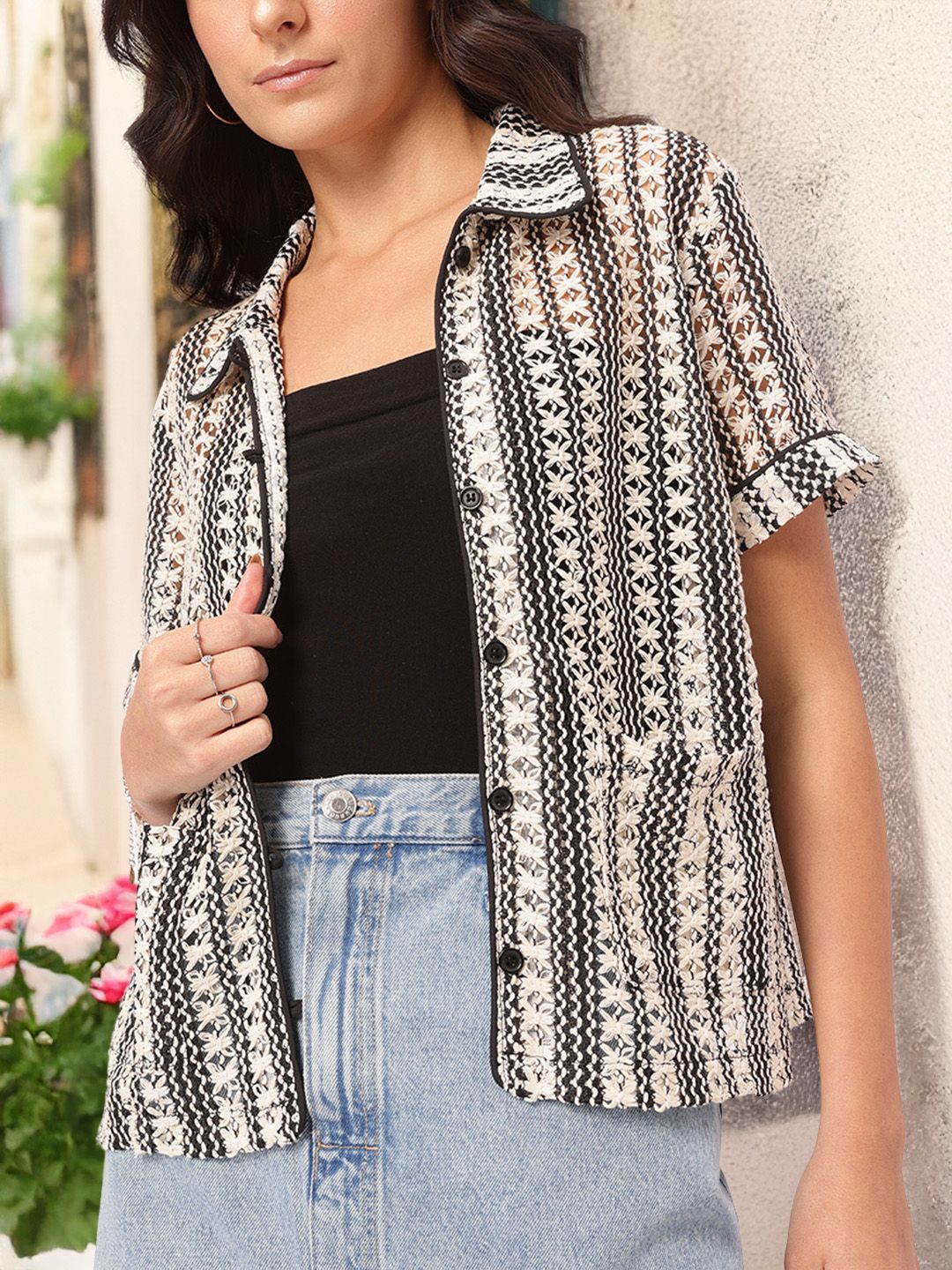 DressBerry Escape Essentials Thread Work Open Knit Shirt