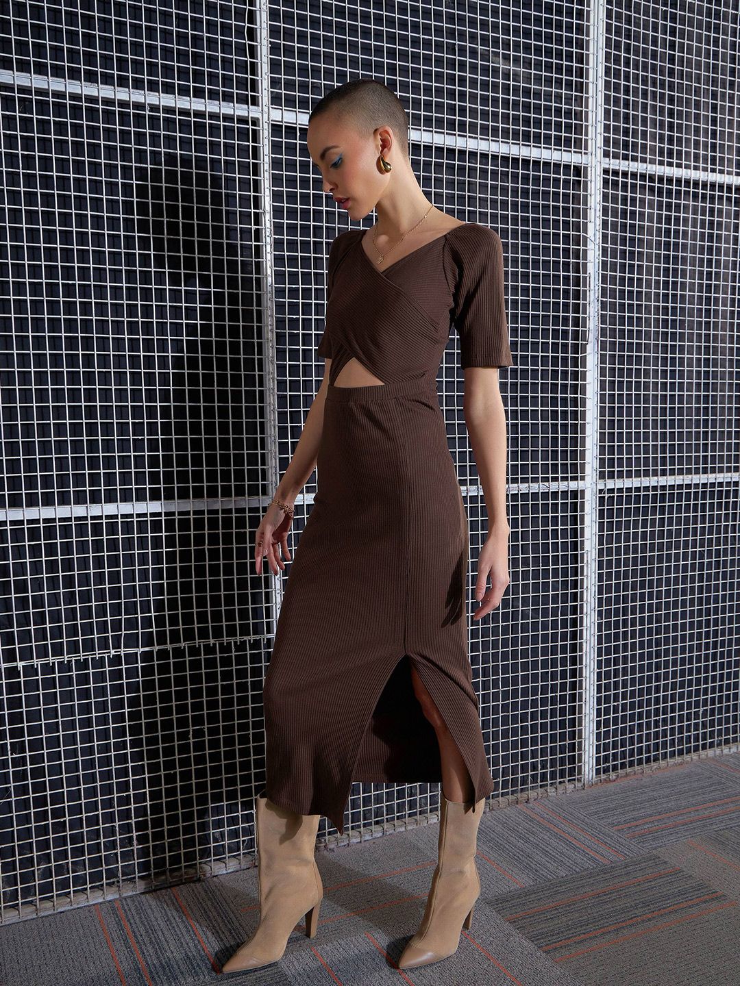 SASSAFRAS Brown V-Neck Cut-Out Side Slit Midi Sheath Dress