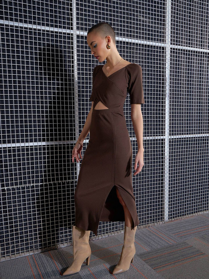 SASSAFRAS Brown V-Neck Cut-Out Side Slit Midi Sheath Dress