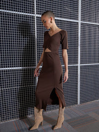 SASSAFRAS Brown V-Neck Cut-Out Side Slit Midi Sheath Dress
