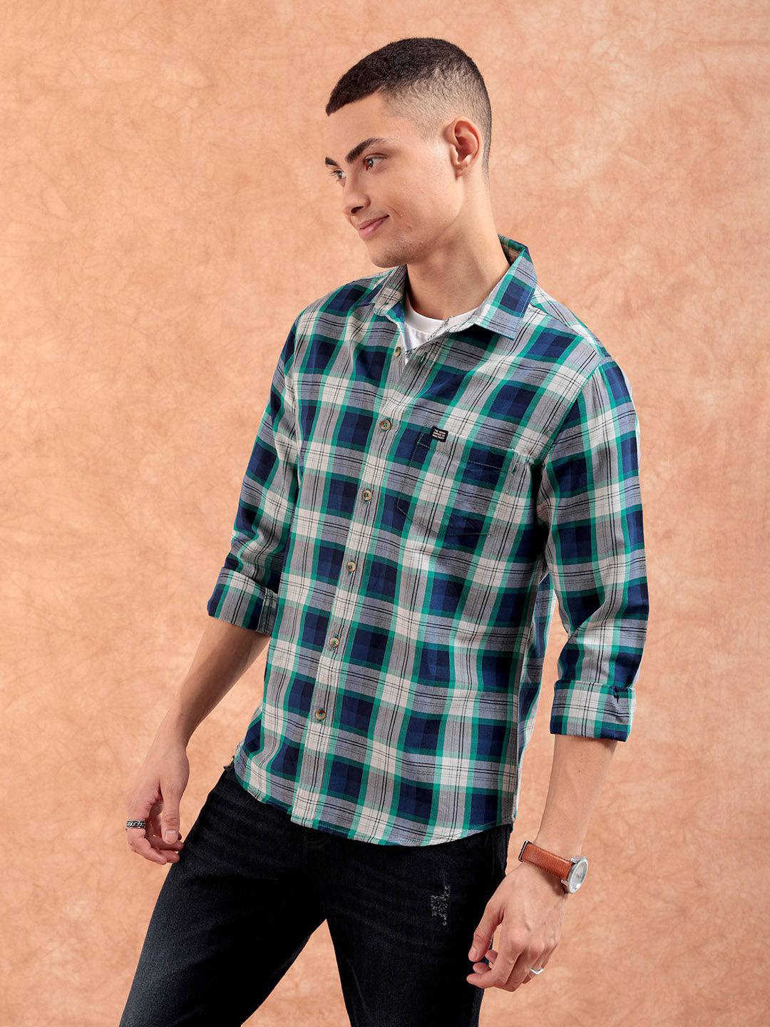 The Indian Garage Co Men Green & Navy Blue Regular Fit Checked Casual Shirt