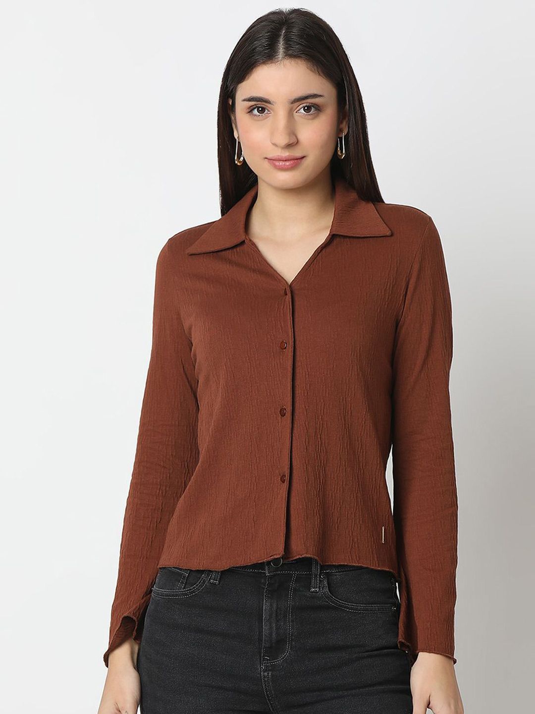 SPYKAR Women Slim Fit Spread Collar Textured Casual Shirt