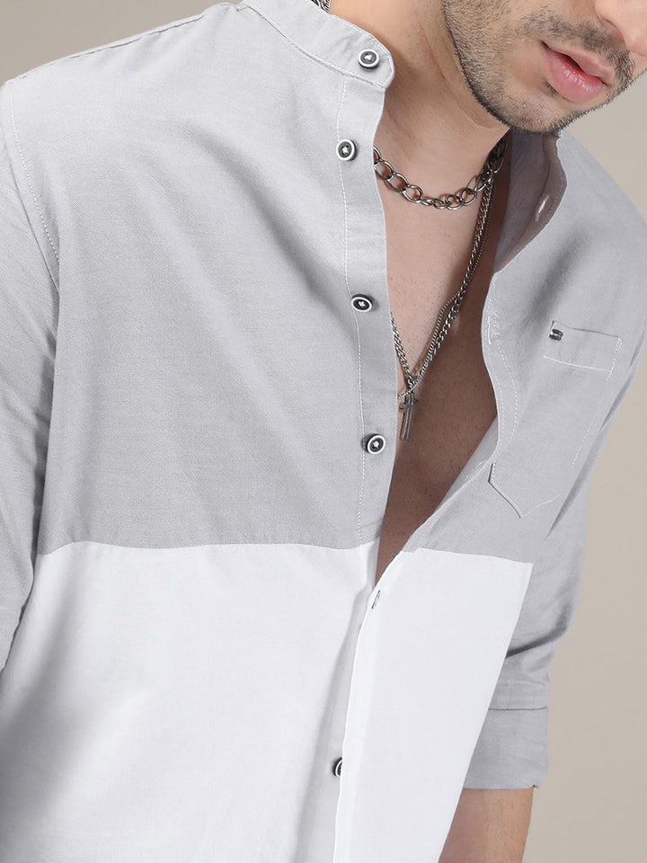 The Indian Garage Co Men Grey & White Slim Fit Colourblocked Casual Shirt