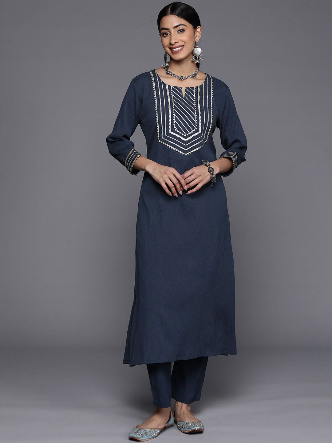Varanga Navy Blue Notch Neck Gotta Patti A-Line Kurta