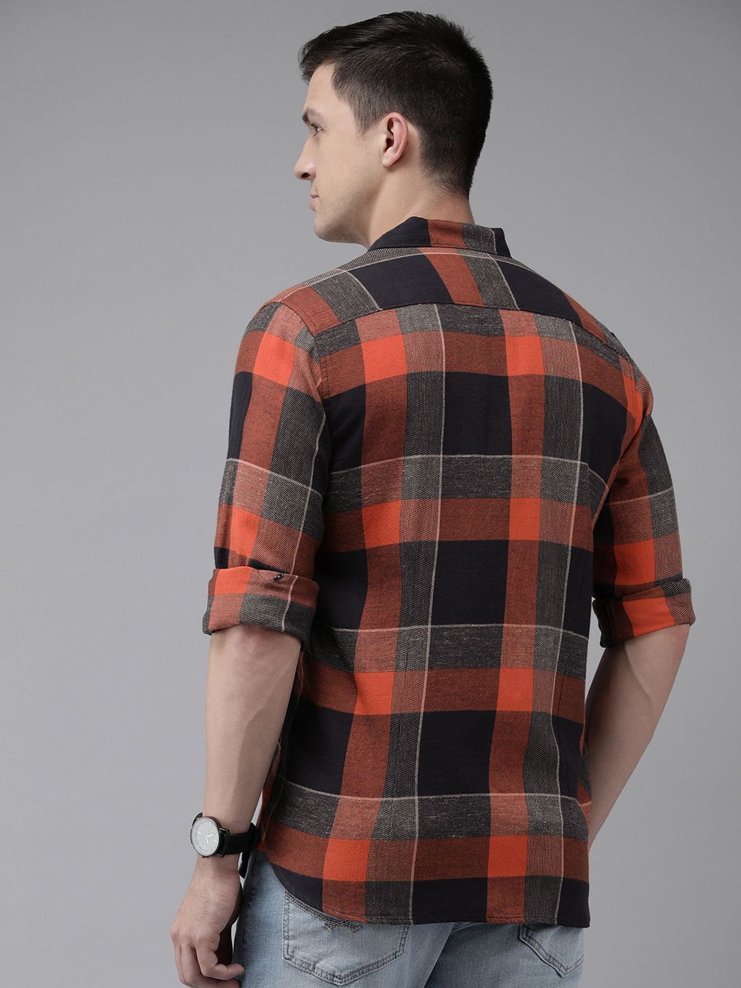 THE BEAR HOUSE Men Orange & Navy Blue Pure Cotton Slim Fit Buffalo Checked Casual Shirt