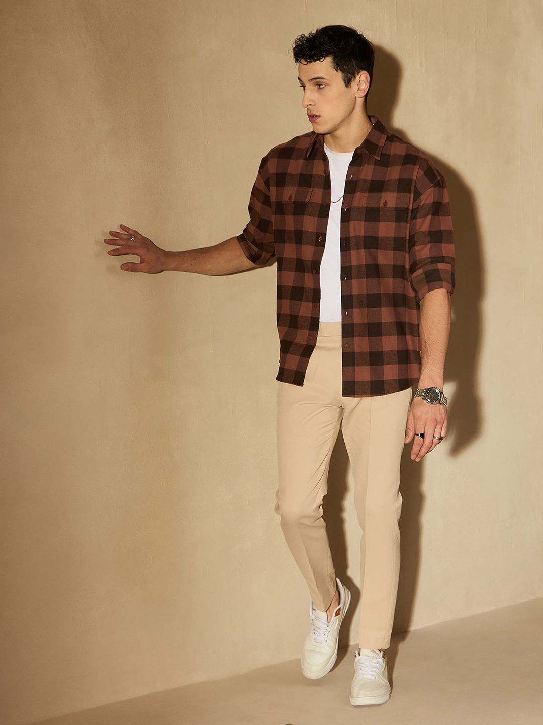 DENNISON Men Beige-Coloured Self Design Tapered Fit Trouser
