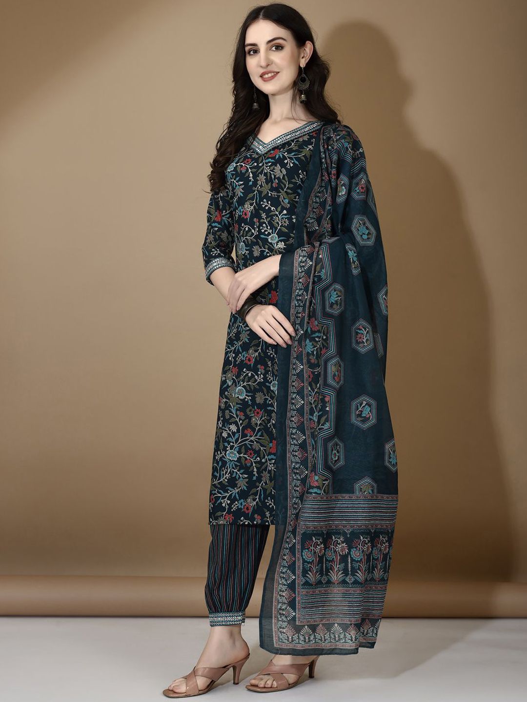 KALINI Floral Printed V-Neck Thread Work Straight Kurta with Trousers & Dupatta