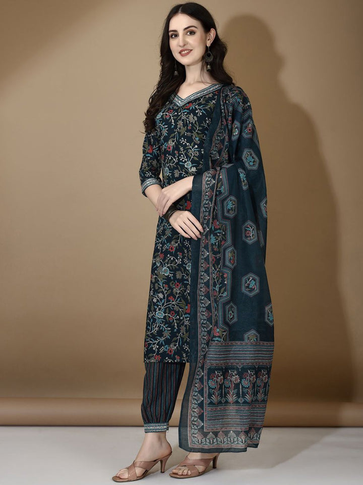 KALINI Floral Printed V-Neck Thread Work Straight Kurta with Trousers & Dupatta