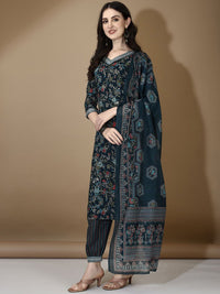 KALINI Floral Printed V-Neck Thread Work Straight Kurta with Trousers & Dupatta