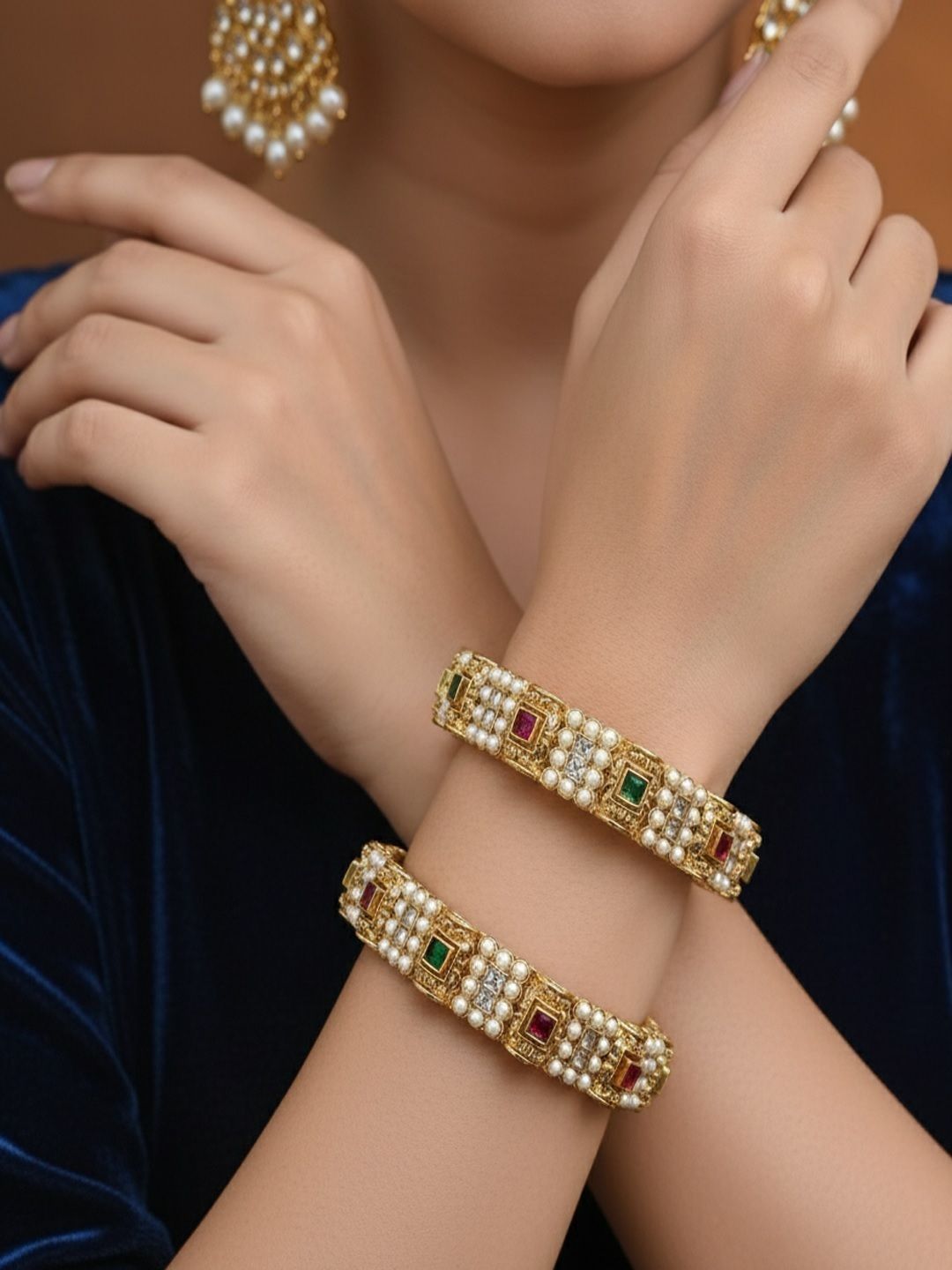 PANASH Set of 2 24K Gold-Plated Ruby & Emerald Stone-Studded & Beaded Bangles