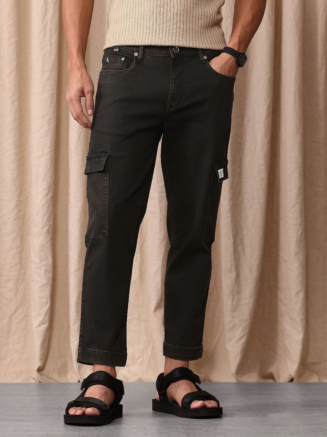 Mr Bowerbird Men Cropped Tapered Fit Light Fade Cargo Style Stretchable Jeans