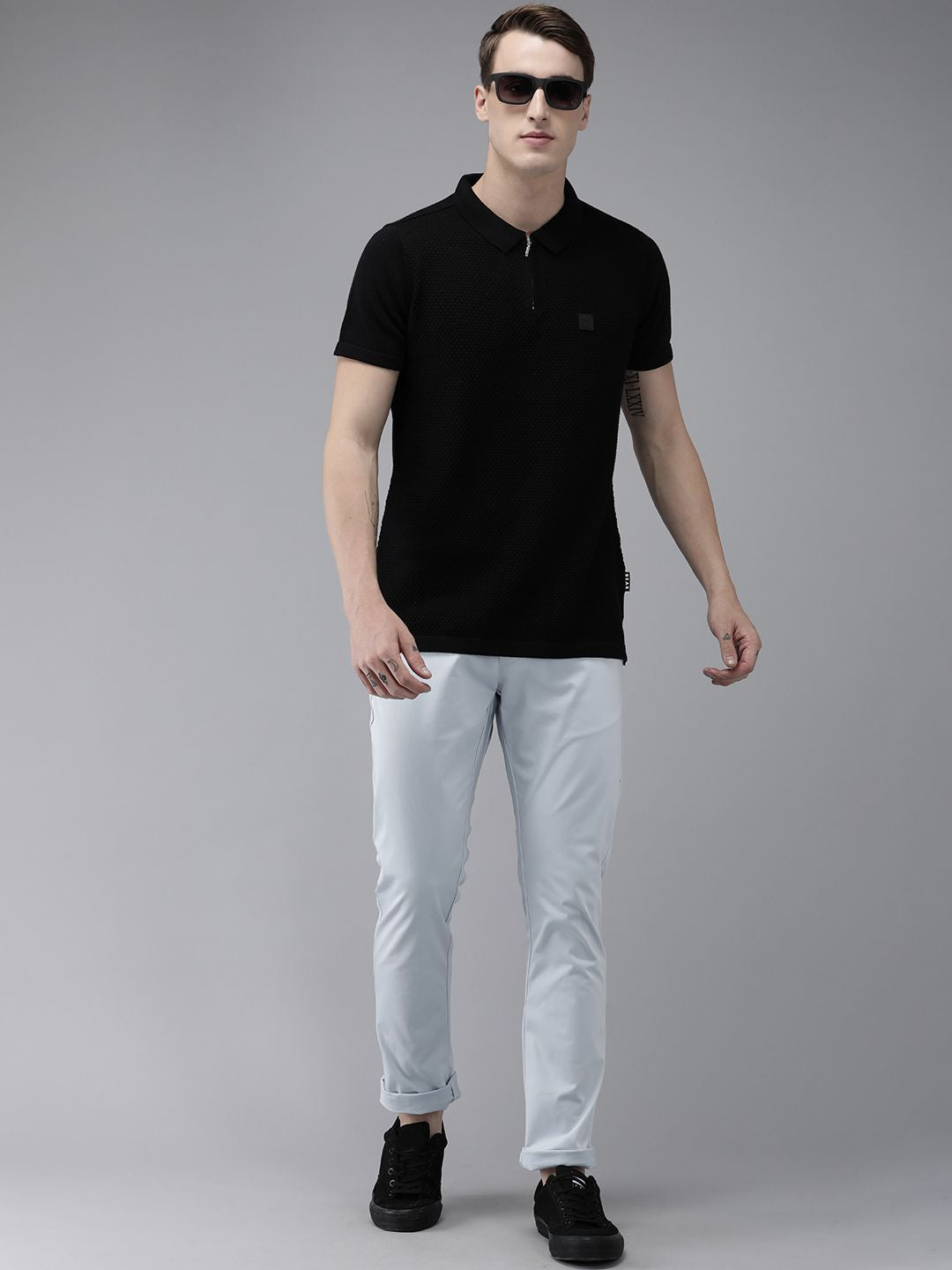 THE BEAR HOUSE Ardor Edition Men Black Self Design Cotton Polo Collar Slim Fit T-shirt