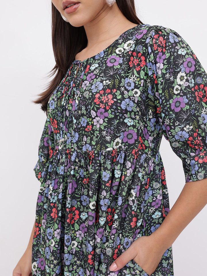 DressBerry DressBerry Live Simply Floral Printed Gathered A-Line Mini Dress