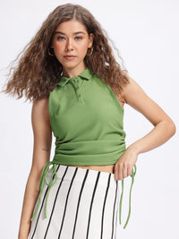 DressBerry Gathered Glam Ribbed Tie-Up detail Fitted Crop Top