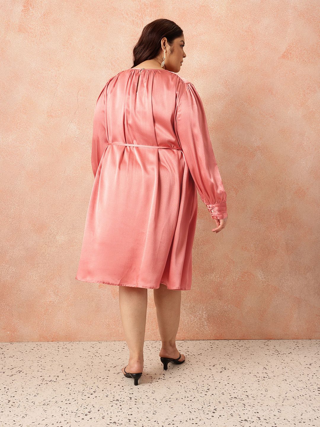 all about you Plus Size Puff Sleeve Satin Finish A-Line Party Dress with Tir-up Detail