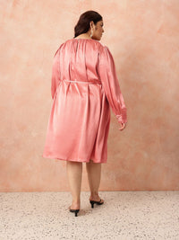 all about you Plus Size Puff Sleeve Satin Finish A-Line Party Dress with Tir-up Detail