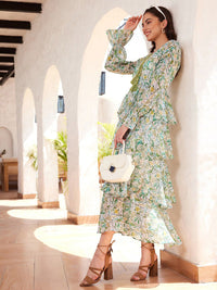 STREET 9 Tropical Printed Puffed Sleeves Layered Georgette A-Line Maxi Dress