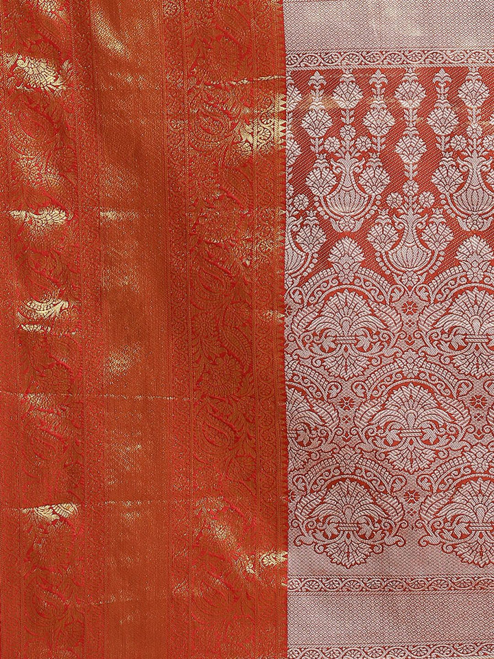 Silk Land Orange Floral Zari Ikat Saree