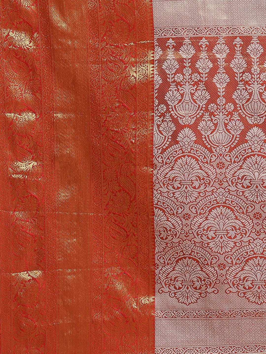 Silk Land Orange Floral Zari Ikat Saree