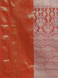 Silk Land Orange Floral Zari Ikat Saree
