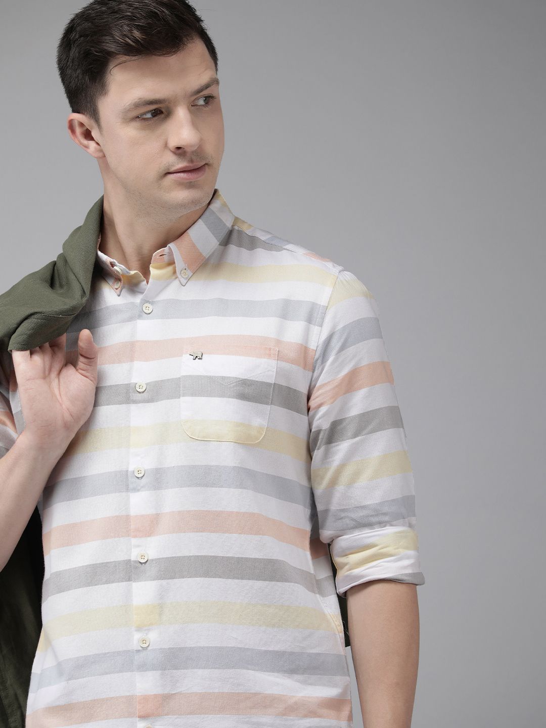 THE BEAR HOUSE Men White & Grey Pure Cotton Slim Fit Striped Casual Shirt