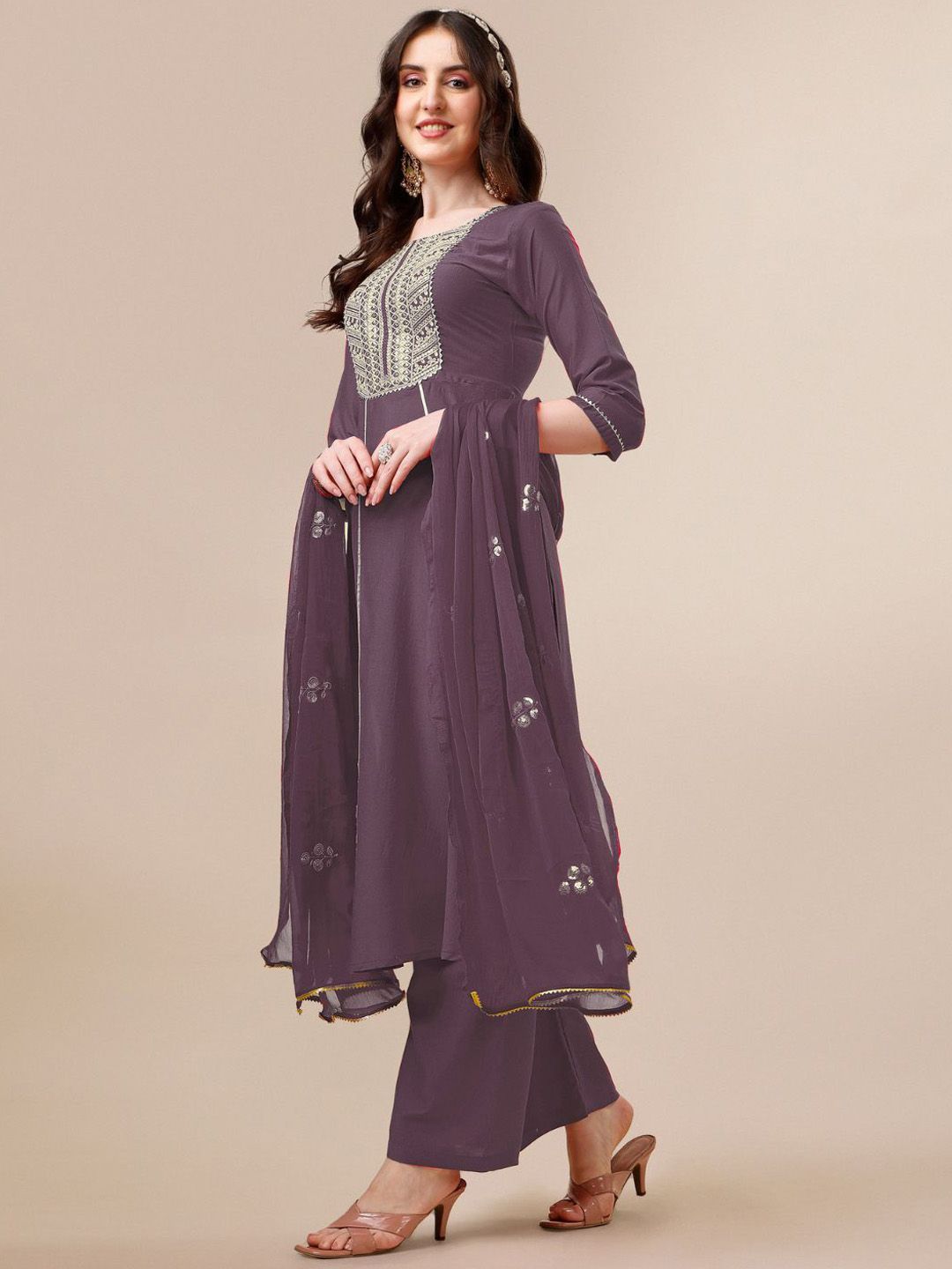 KALINI Ethnic Motifs Embroidered Sequinned Kurta with Palazzos & Dupatta