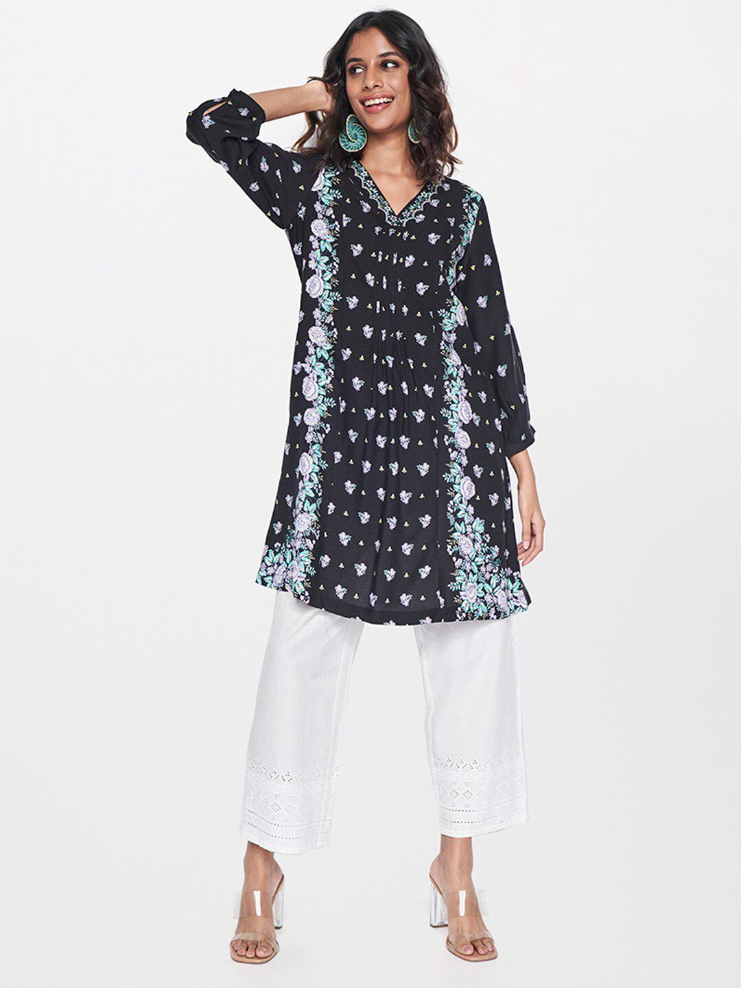 Global Desi Floral Printed V-Neck Puff Sleeves A-Line Kurta