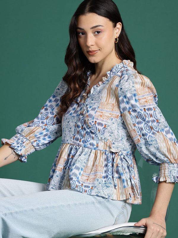 DressBerry Geometric Printed Puff Sleeves Wrap Top
