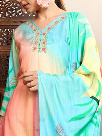 Vishudh Orange Ombre Printed Thread Work Straight Holi Kurta With Trousers & Dupatta