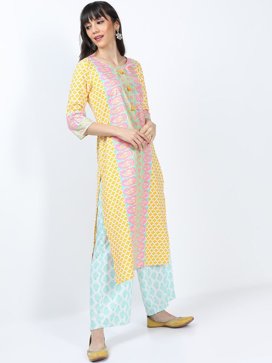 Vishudh Women Yellow Ethnic Motifs Printed Kurta with Palazzos With Dupatta