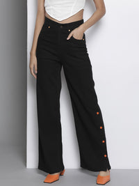 SASSAFRAS Women Black Comfort Straight Fit High-Rise Side Slit Stretchable Jeans