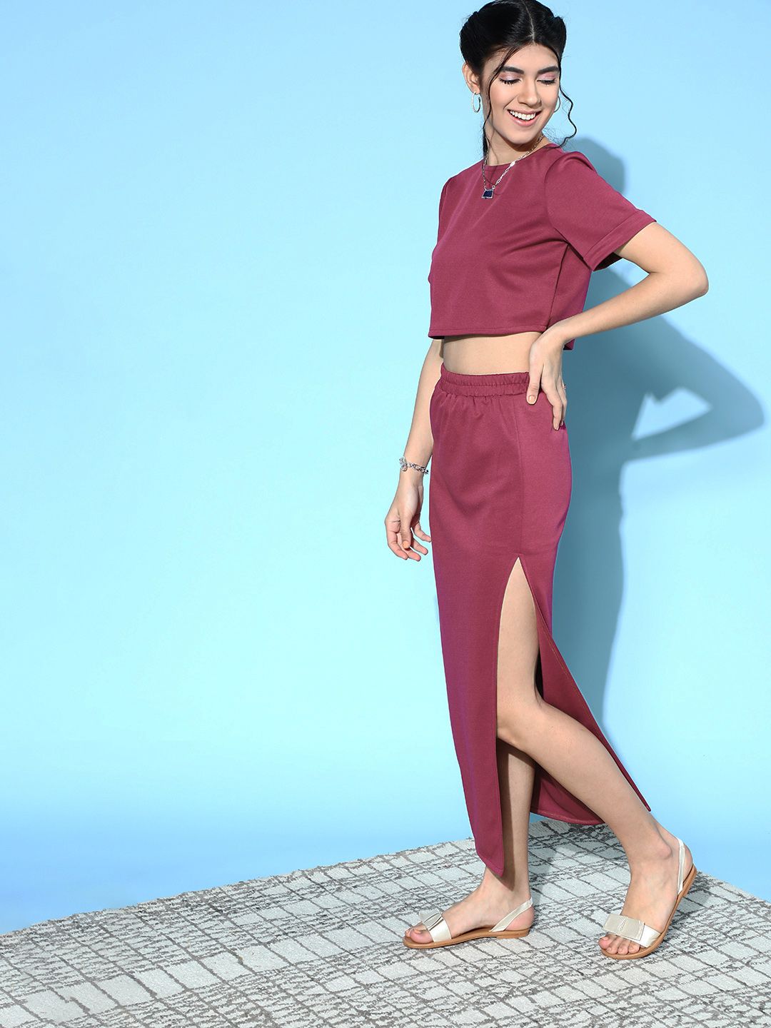 Athena Women Elegant Mauve Solid Top with Skirt