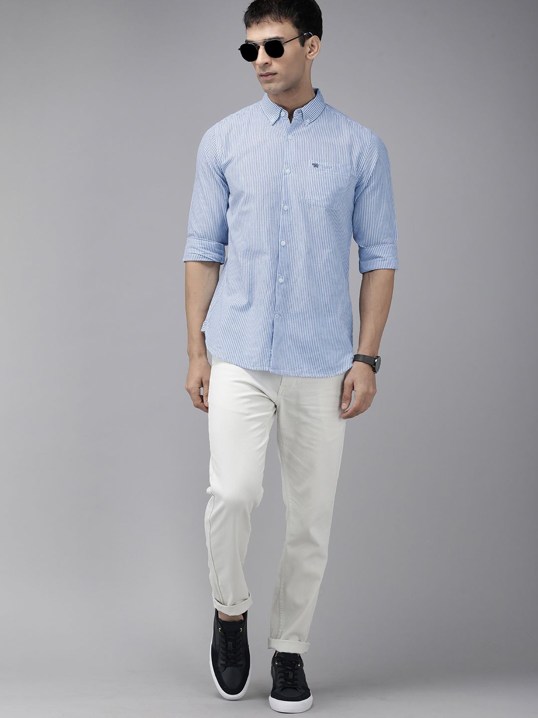 THE BEAR HOUSE Men Blue & White Classic Slim Fit Striped Pure Cotton Casual Shirt