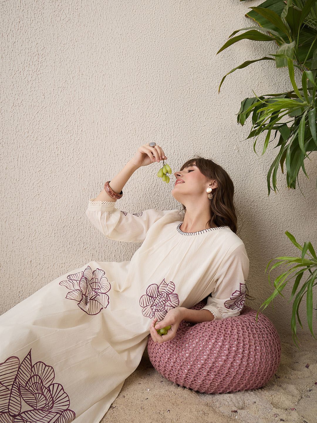 Indo Era Floral Printed Pleated Round Neck Pure Cotton A-Line Kurta With Trousers