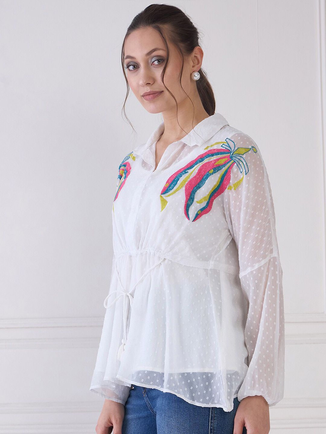 Antheaa Striped Puff Sleeve Chiffon Cinched Waist Top