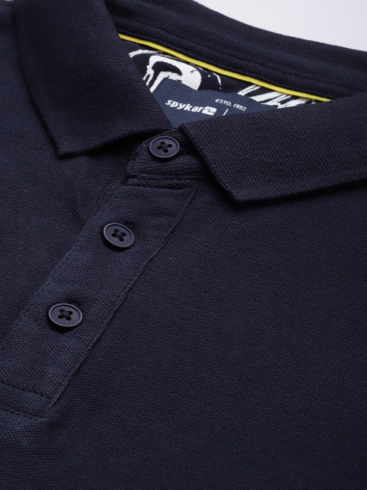 SPYKAR Men Polo Collar Indigo Pure Cotton Slim Fit T-shirt With Minimal Embroidered Detail