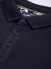 SPYKAR Men Polo Collar Indigo Pure Cotton Slim Fit T-shirt With Minimal Embroidered Detail