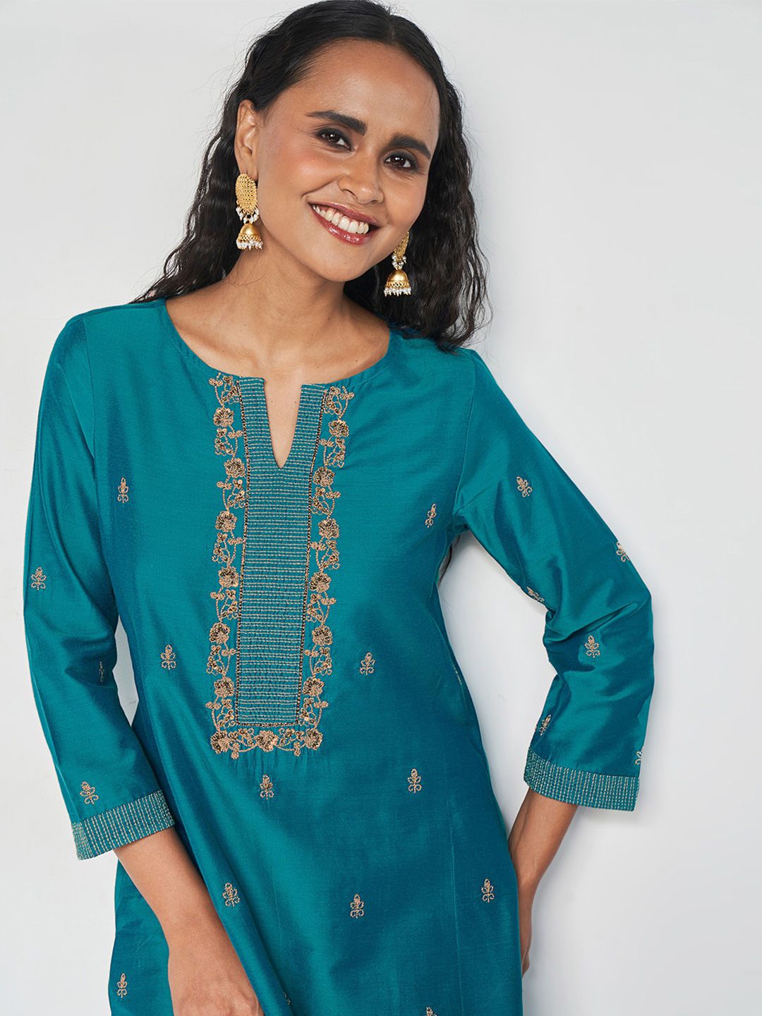 Global Desi Floral Embroidered Thread Work Detail A-Line Kurta with Trousers