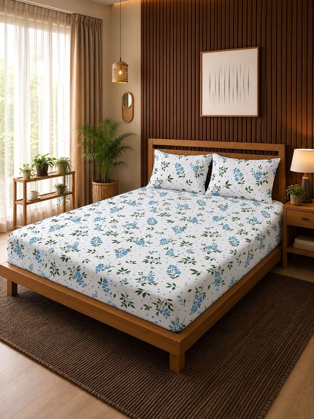 Moda Rapido X KLOTTHE White & Blue Floral 300 TC King Bedsheet with 2 Pillow Covers