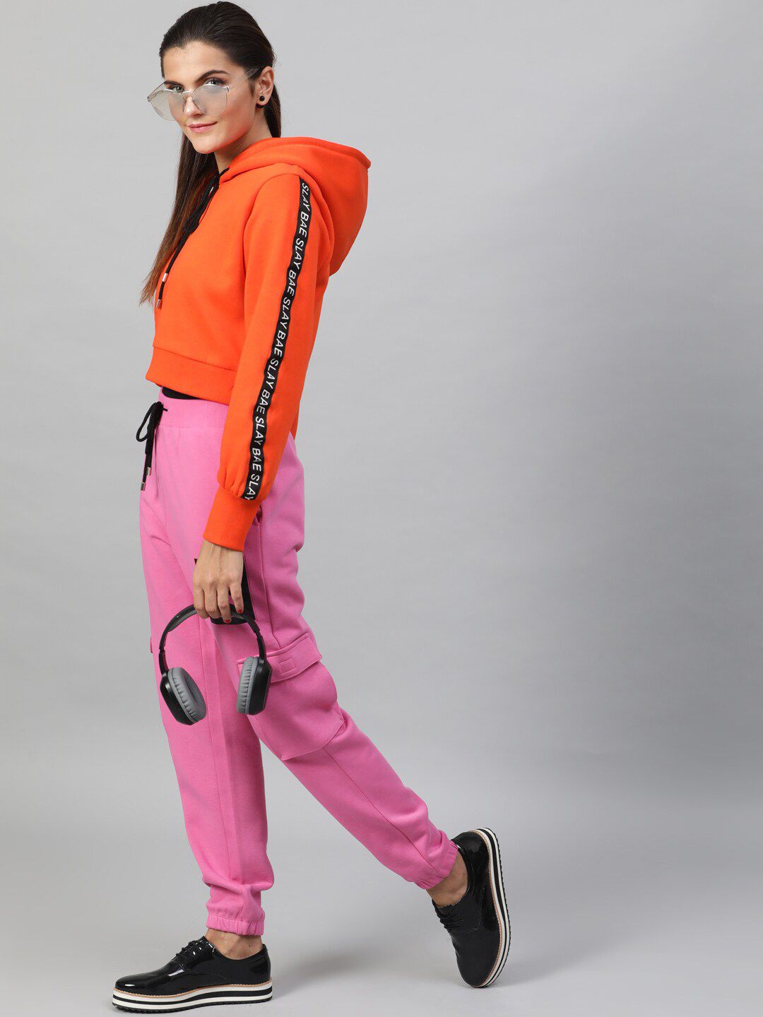 STREET 9 Women Pure Cotton Orange & Black Solid Hooded Sweatshirt