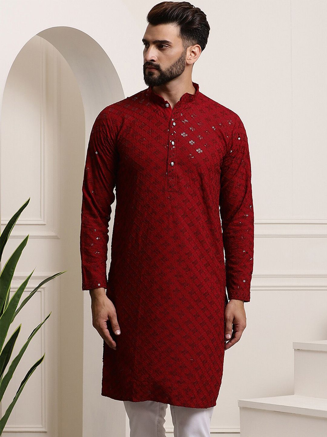 SOJANYA Geometric Embroidered Mandarin Collar Sequined Pure Cotton Straight Kurta