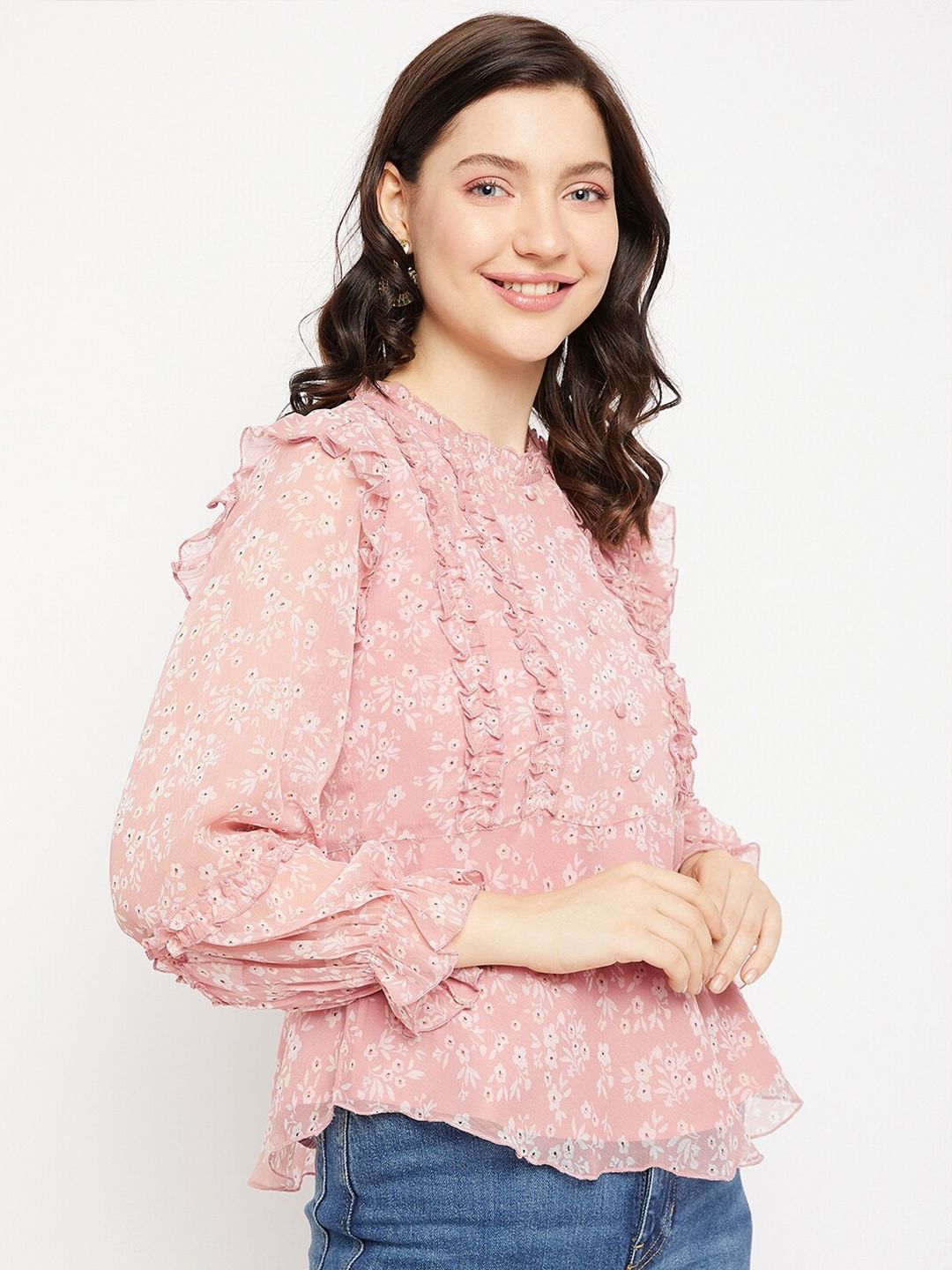 Antheaa Floral Printed Puff Sleeves Chiffon Top
