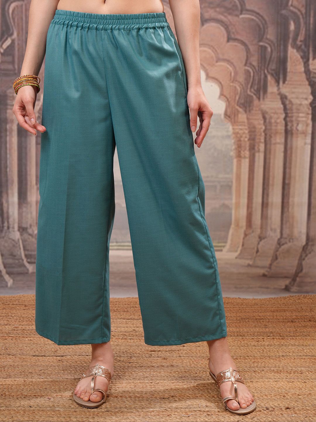 Vishudh Turquoise Blue Embroidered Straight Kurta with Palazzo & Dupatta