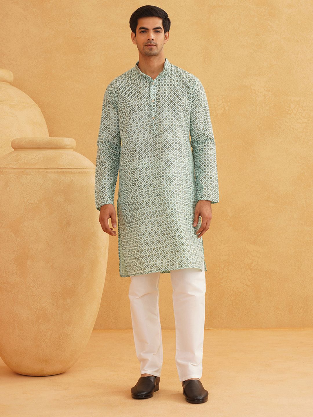 SOJANYA Kurta Bercetak Motif Etnik Lelaki Dengan Piyama & Jaket Nehru