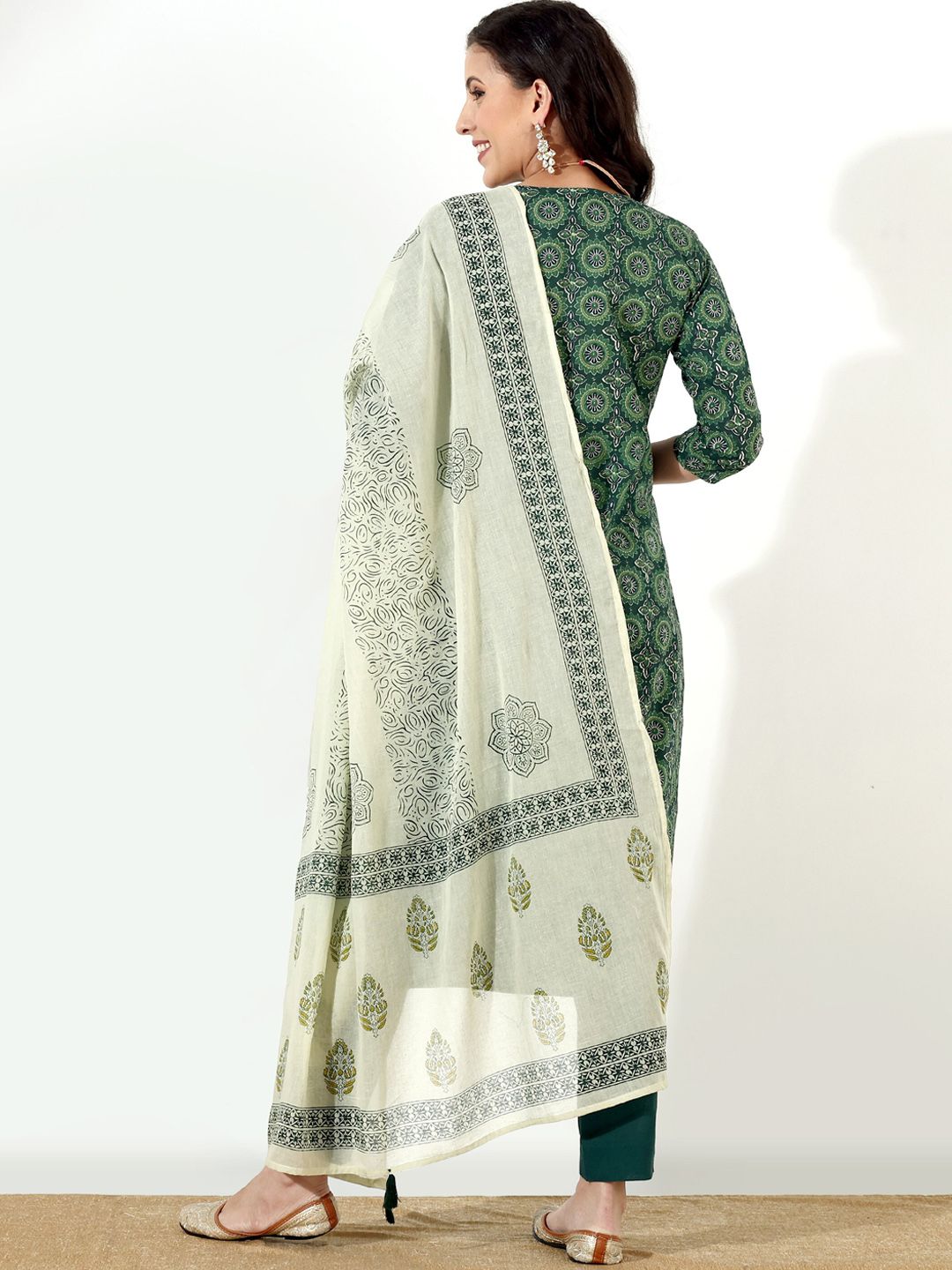 Anouk Teal & Beige Ethnic Motifs Printed Regular Pure Cotton Kurta & Trousers With Dupatta