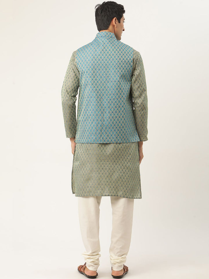 SOJANYA Men Green & Teal Blue Ethnic Motifs Kurta with Churidar & Nehru Jacket