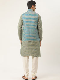 SOJANYA Men Green & Teal Blue Ethnic Motifs Kurta with Churidar & Nehru Jacket