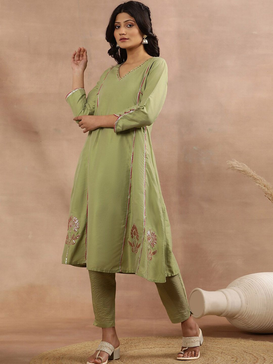 W Women Regular Sequinned Kurta with Trousers & With Dupatta